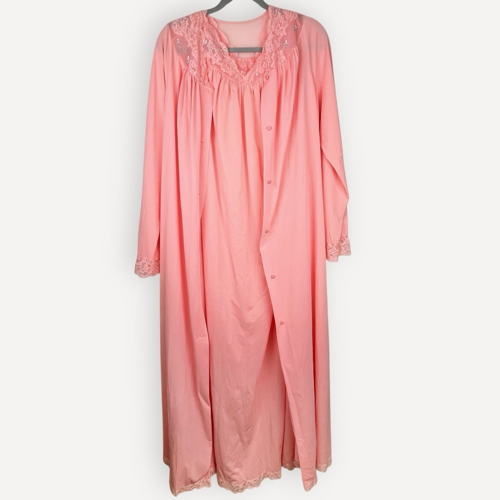 Vintage Peignoir Set ShadowLine Coral Nylon Lace Robe Nightgown Long‎ Medium